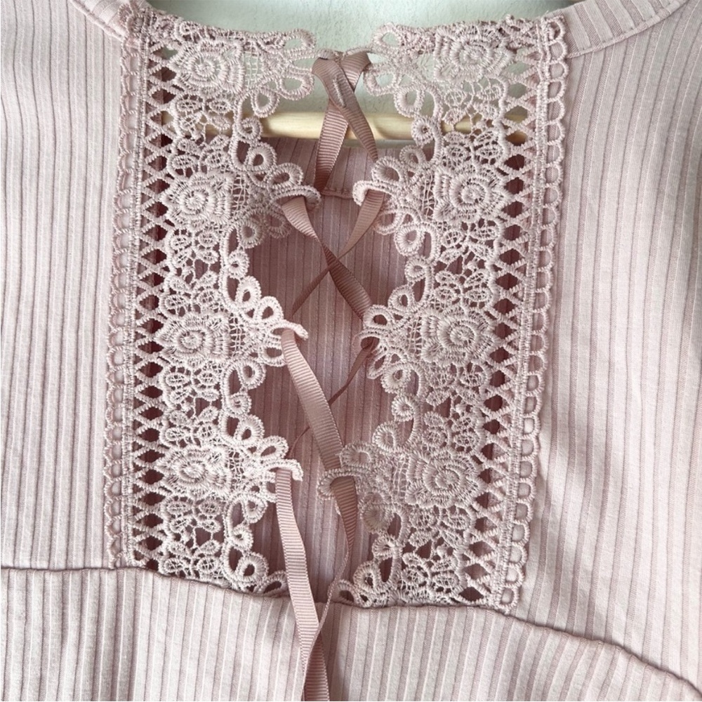 American Rag Size Medium Light Pink Ribbed Long Sleeve Top Corset Back - Picture 5 of 5